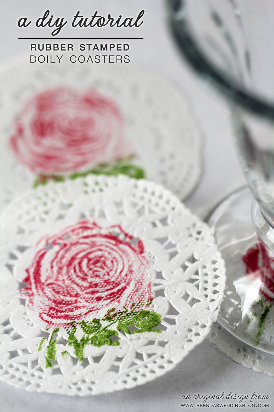  DIY Tutorial for Rubber Stamped Paper Doily Coasters | an original creation from www.brendasweddingblog.com 