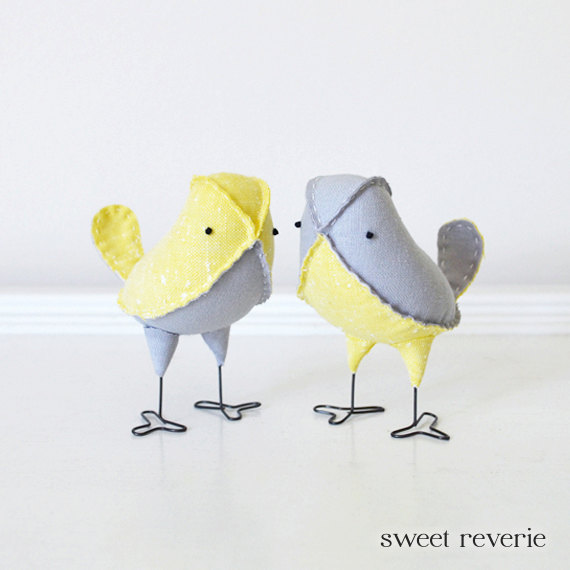 grey and yellow love birds wedding cake topper | from Sweet Reverie on etsy www.etsy.com/shop/asweetreverie | as seen on www.brendasweddingblog.com