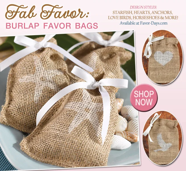 Fab Wedding Favors : Burlap Favor Bags in styles with starfish, hearts, anchors, lovebirds, horseshoes and more | as seen on www.brendasweddingblog.com