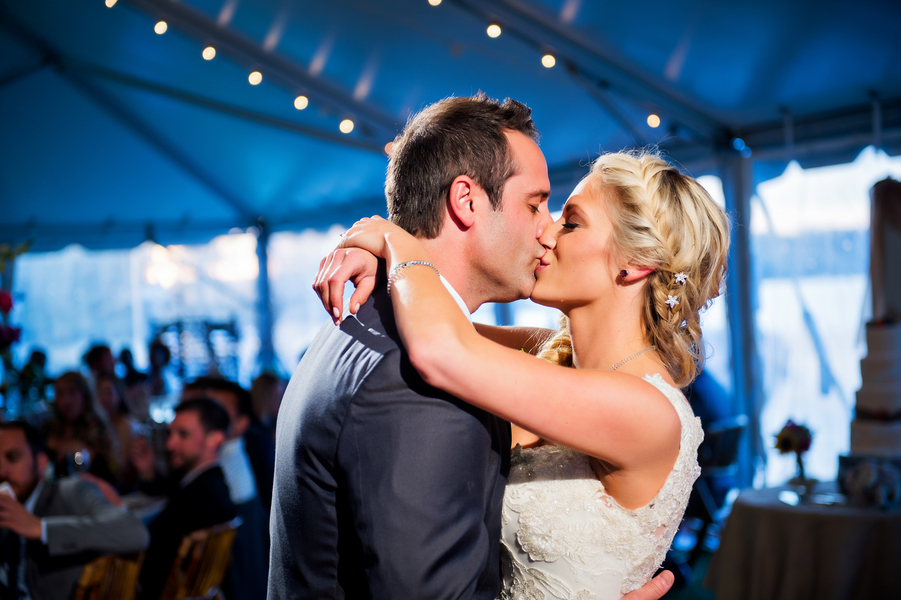  First Dance with a Kiss under the Twinkling Lights | photo by Ross Costanza Photography | as seen on www.brendasweddingblog.com 