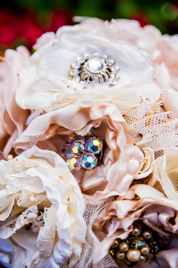  Stunning Fabric Floral Wedding Bouquet with Rhinestone Brooch Centers | photo by Ross Costanza Photography | as seen on www.brendasweddingblog.com 