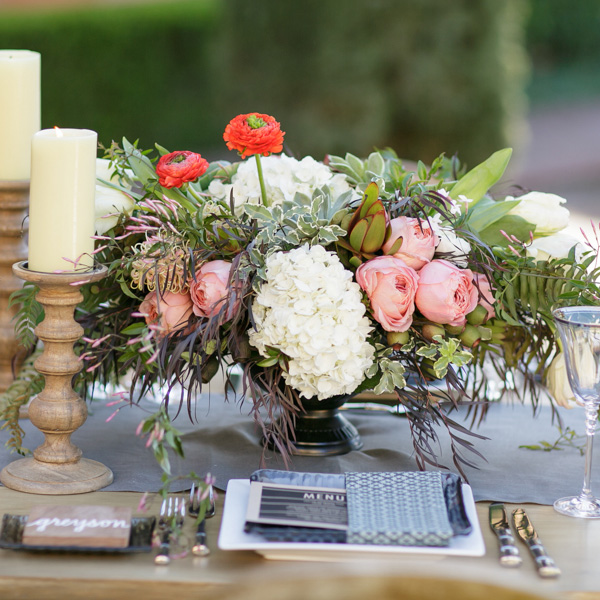 Farm to Table Chic Wedding Centerpiece by Nancy Liu Chin - with roses, zinnias, hydrangeas