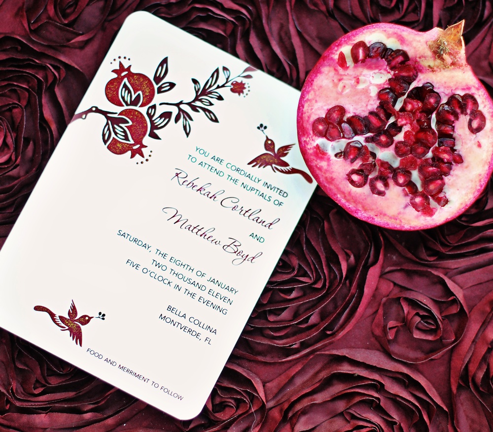  Pomegranate Wedding Invitation with Hand-Painted Glitter / from a Winter Wedding Inspired Photo Shoot / photo by Kismis Ink Photography / Design by Wedding Girl on Etsy / as seen on www.BrendasWeddingBlog.com 