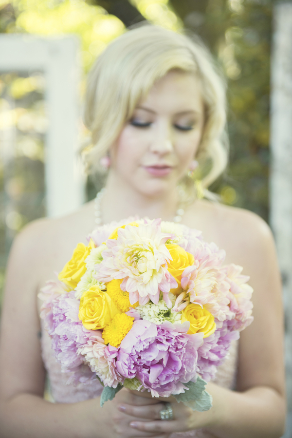  Pink and Yellow Wedding Bouquet from&nbsp;Tailored Blooms Floral Design / photo by L'Estelle Photography / as seen on www.BrendasWeddingBlog.com 