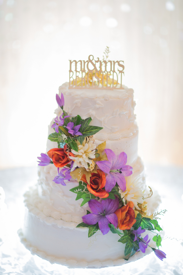  White Wedding Cake with Cascading Flowers + Mr &amp; Mrs Cake Topper - created by the brides aunt / photo by Morgan Lindsay Photography / as seen on www.BrendasWeddingBlog.com 