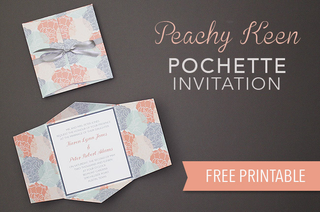 Download your free peachy keen pochette wedding invitation template from www.BrendasWeddingBlog.com