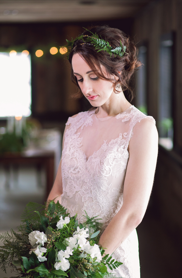  A Bride with a Fern Headpiece and a Gorgeous White and Green Spring Wedding Bouquet with Ferns / photo by Corey Lynn Tucker Photography / as seen on www.BrendasWeddingBlog.com 