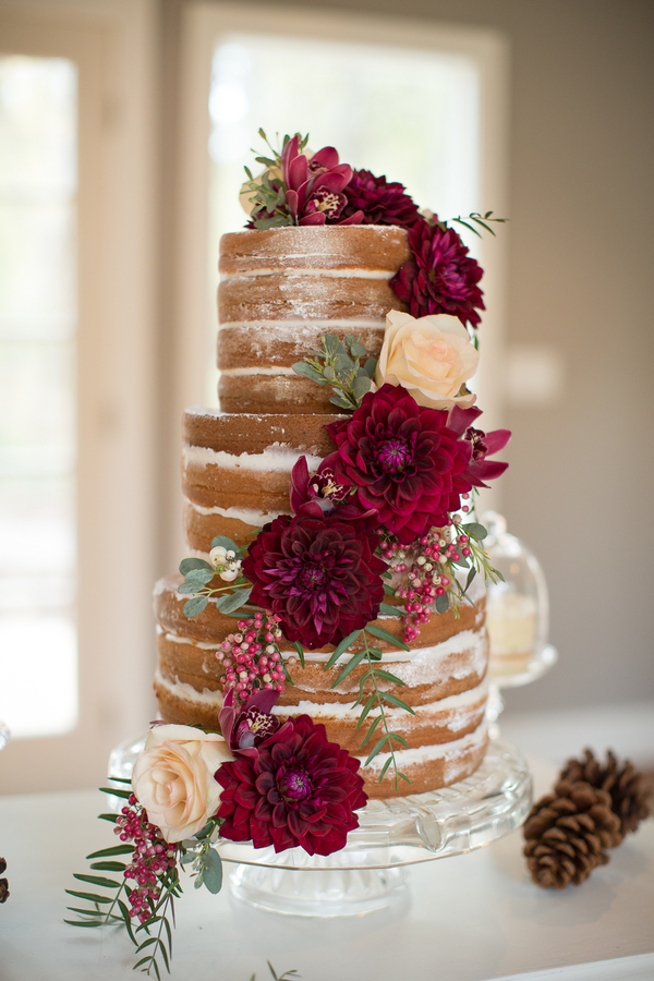  Naked Wedding Cake with Deep Red Flowers by Heavenly Delights Cupcakery / photo by Ashley Cook Photography / as seen on www.BrendasWeddingBlog.com 