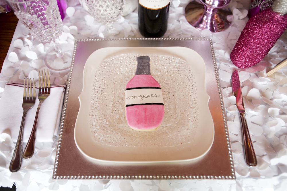 Cute Pink Frosted Wine Bottle Sugar Cookie from a Retro Inspired Wedding Shoot / photo by Krista Patton Photography 