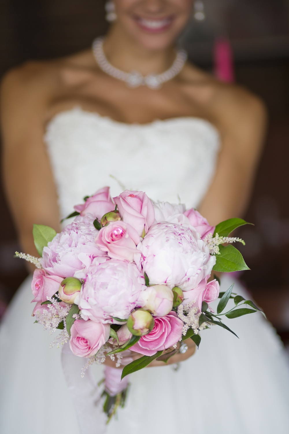  Pink Wedding Bouquet with Peonies and Roses + a Crystal Pink Pick in a Rose&nbsp; from Media Florist / photo by Krista Patton Photography 