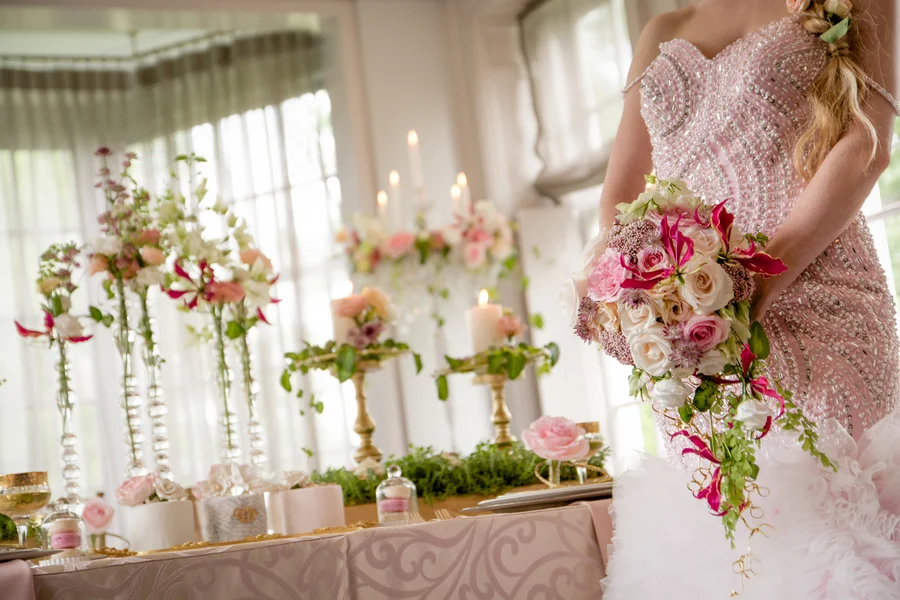 A Wedding Fairytale Styled Shoot with a Cascading Bouquet by Kaas Floral Design / Sequined Dress by Sharleez Concept / Photo by collective67