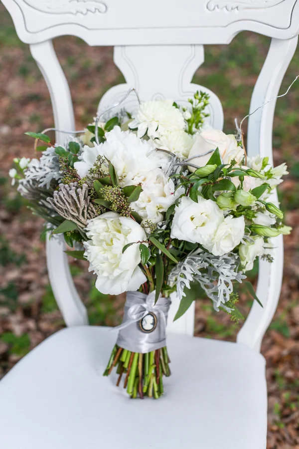Organic Lush White Wedding Bridal Bouquet with Cameo on Wrapped Stems by Lee Forest Design / photo by Tab McCausland Photography