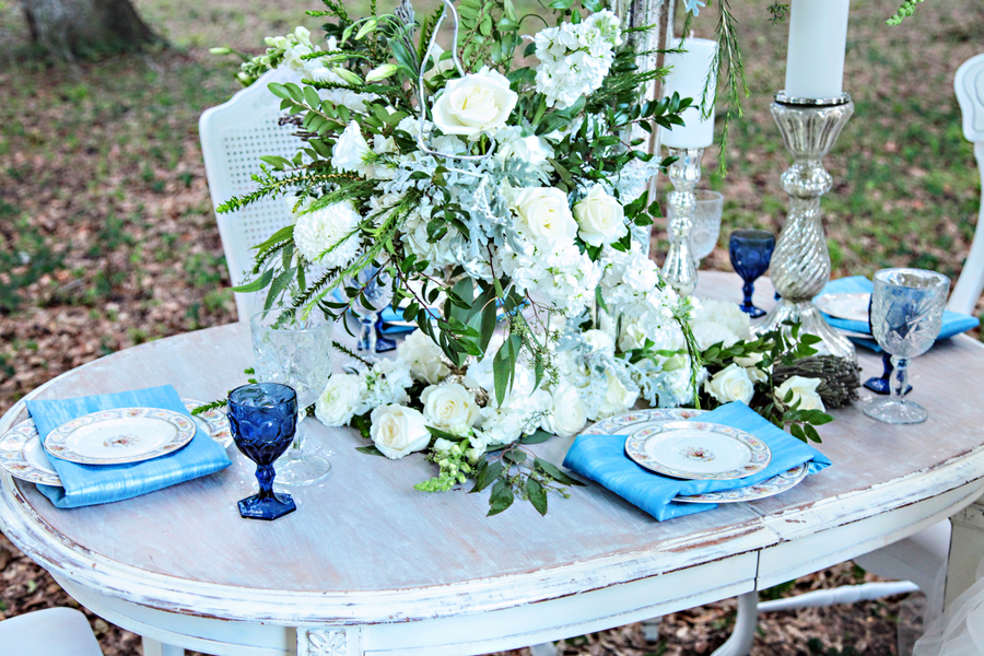  Pretty Blue + White Wedding Tablescape with Vintage Farm Table + Chairs / photo by Tab McCausland Photography 
