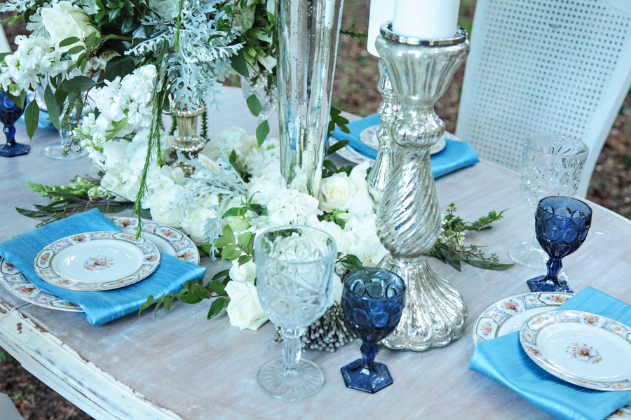  Pretty Blue + White Vintage Farm Wedding Tablescape with Silver Accents / photo by Tab McCausland Photography 