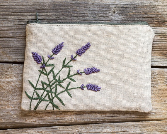  Embroidered Lavender Flowers Linen and Cotton Zipper Pouch 
