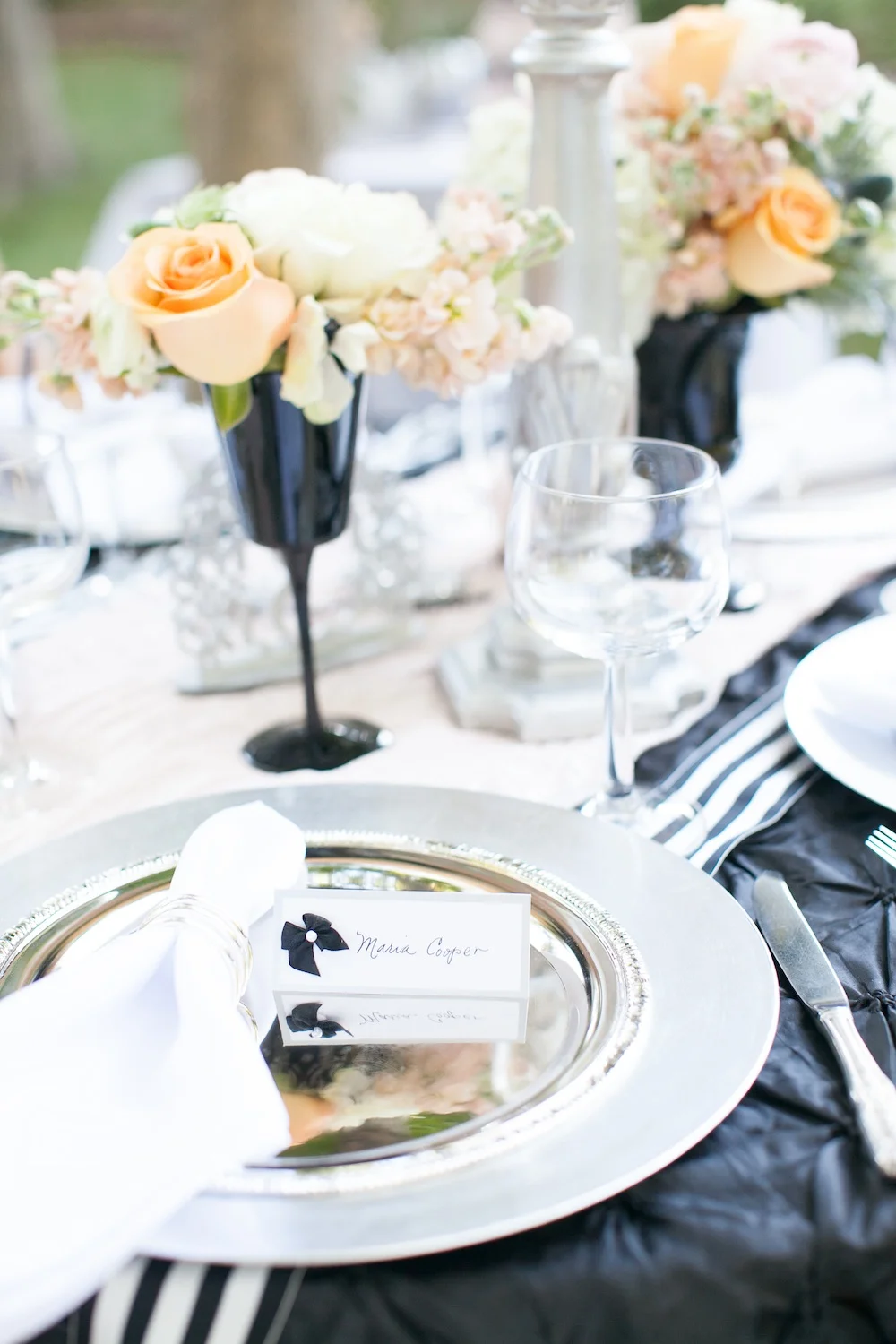 Elegant Halloween Wedding Tablescape in Blush, Black and Tangerine / florals by EightTreeStreet / photo by {a}strid Photography