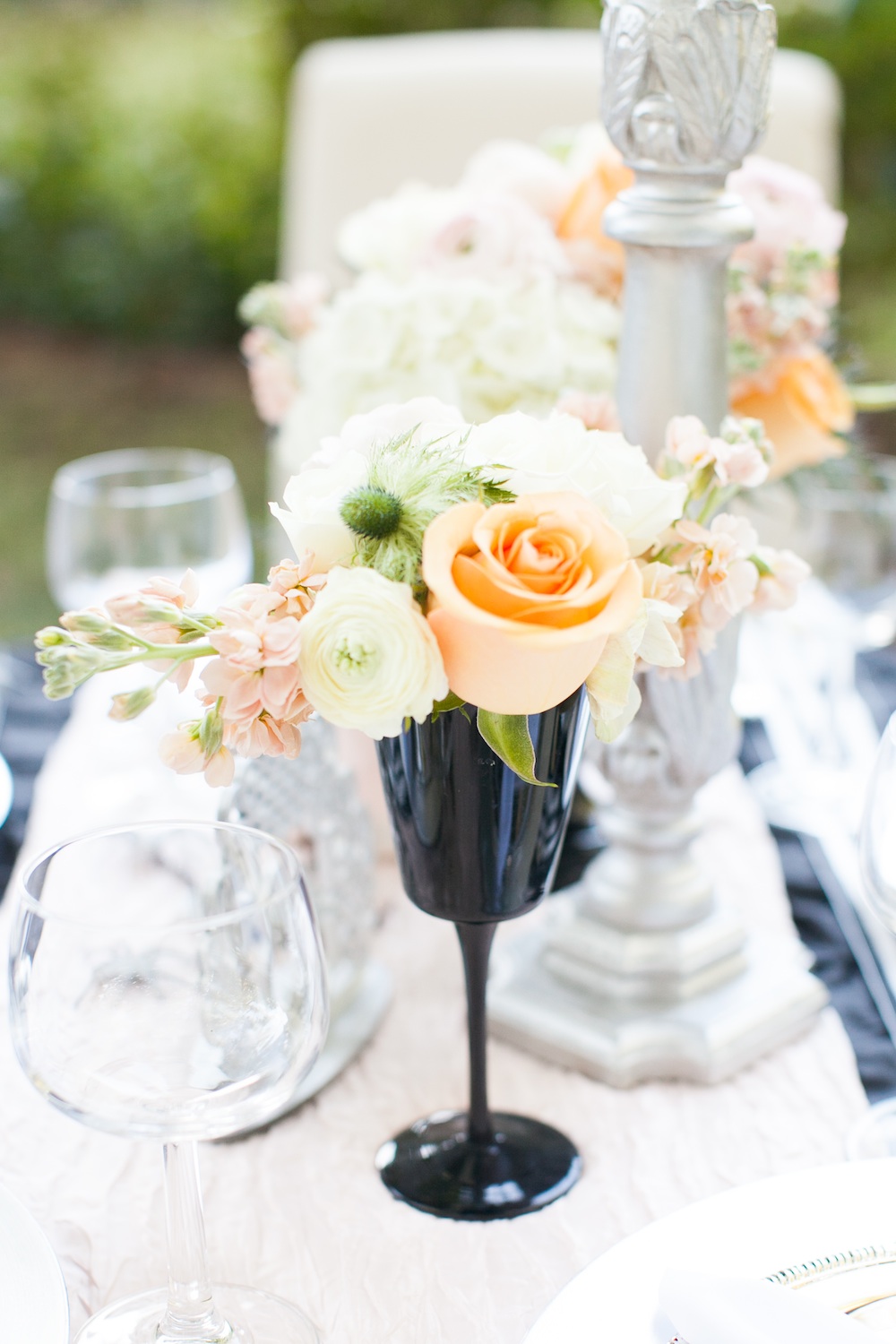  Elegant Halloween Wedding Tablescape in Blush, Black and Tangerine / florals by EightTreeStreet / photo by {a}strid Photography 