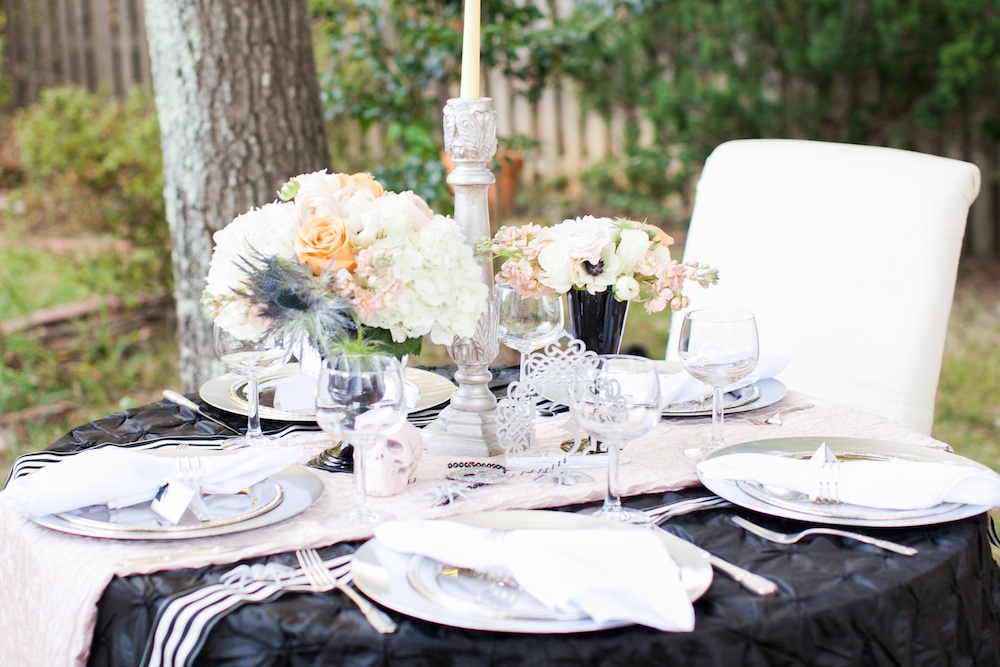  Elegant Halloween Wedding Tablescape in Blush, Black and Tangerine / florals by EightTreeStreet / photo by {a}strid Photography 