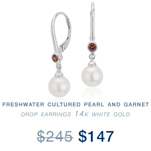  Freshwater Cultured Pearl and Garnet Drop Earrings 14k White Gold 