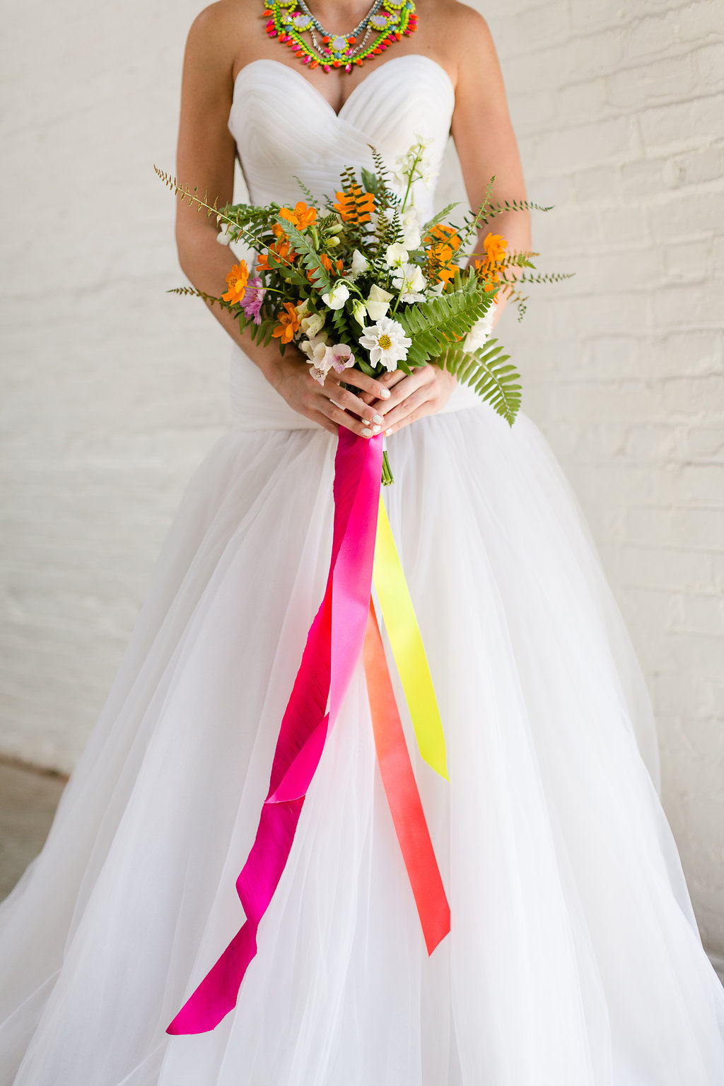 Neon Wedding Bouquet with Ribbons by Taproot Flowers / photo by Jessica Haley Photography