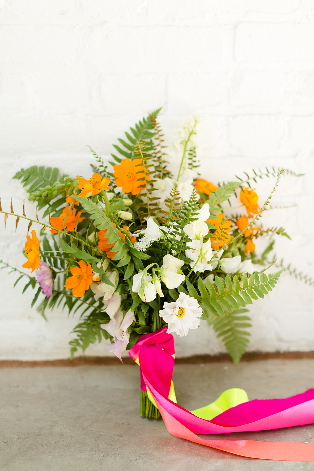 Neon Wedding Bouquet with Ferns by Taproot Flowers / photo by Jessica Haley Photography