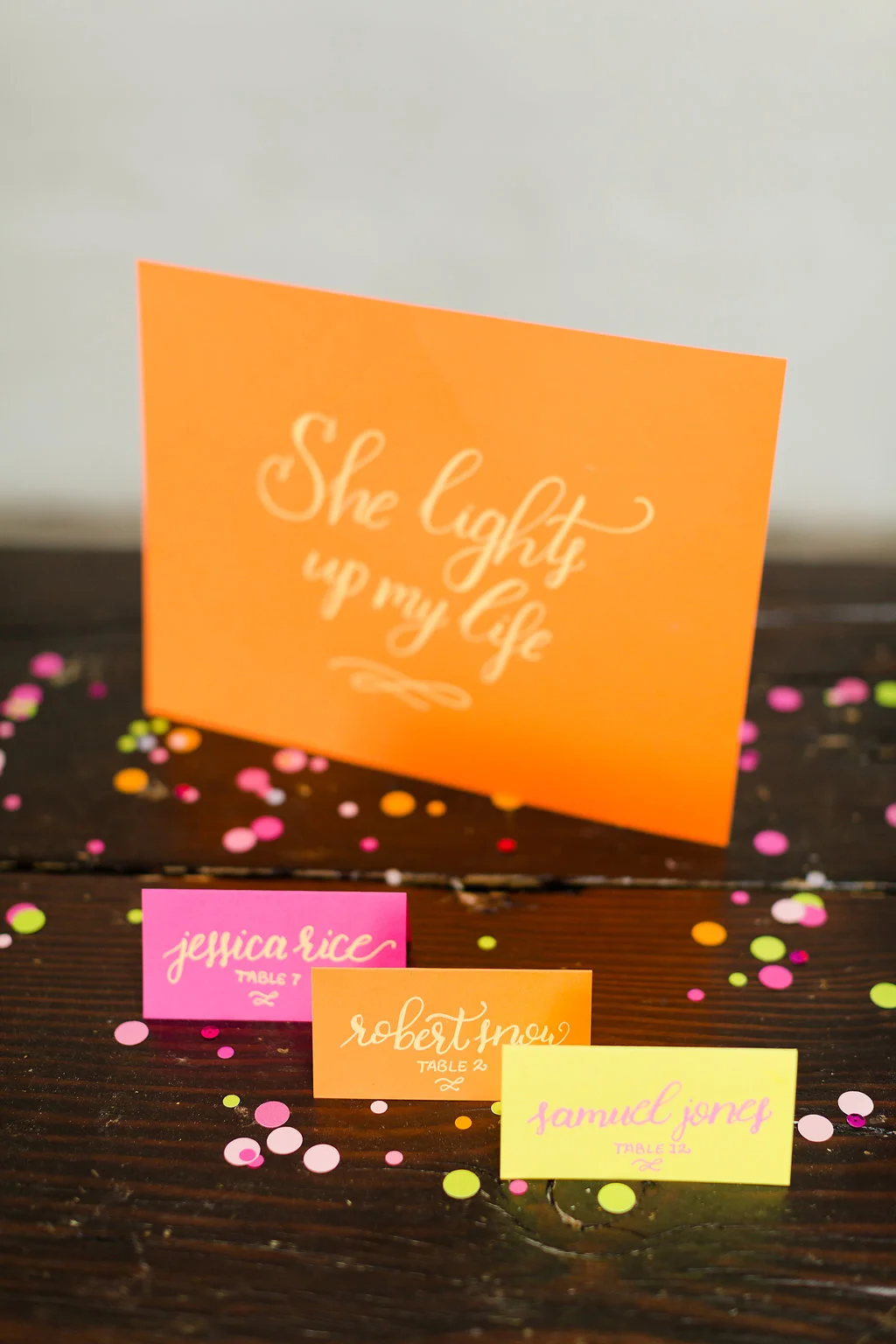 Neon Wedding Inspiration / festive-fetti™ confetti by The Marketplace on Brenda's Wedding Blog / stationery by Darling & Bliss / photo by Jessica Haley Photography