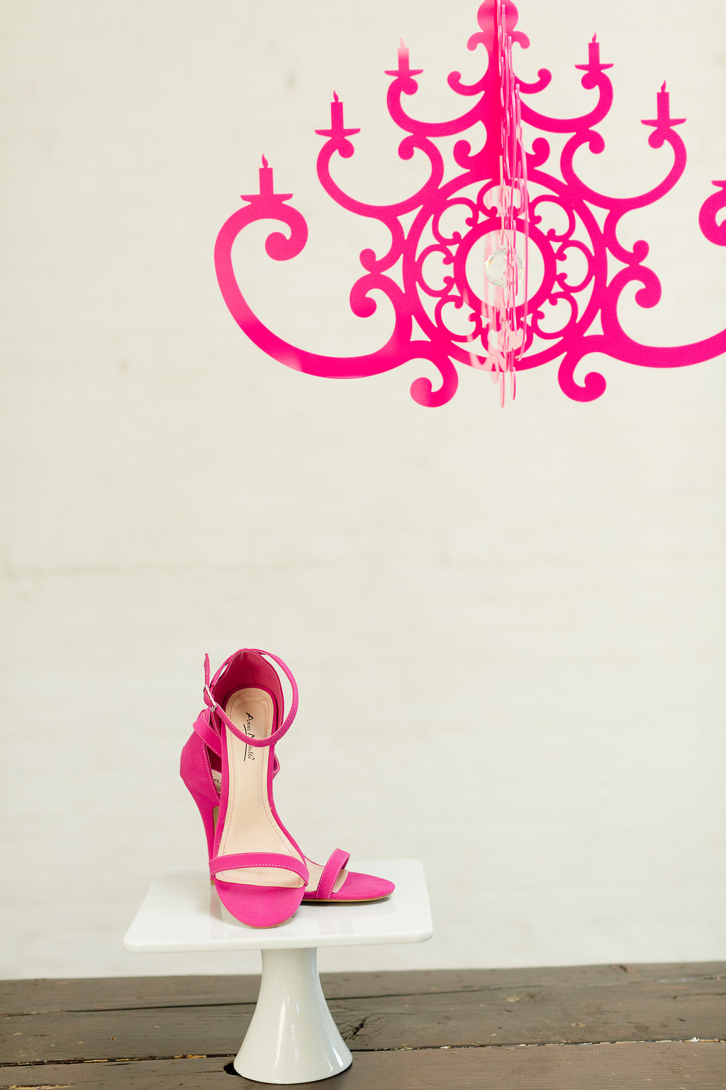 Neon Pink Wedding Shoes with Decor by Chandelier by NK / photo by Jessica Haley Photography