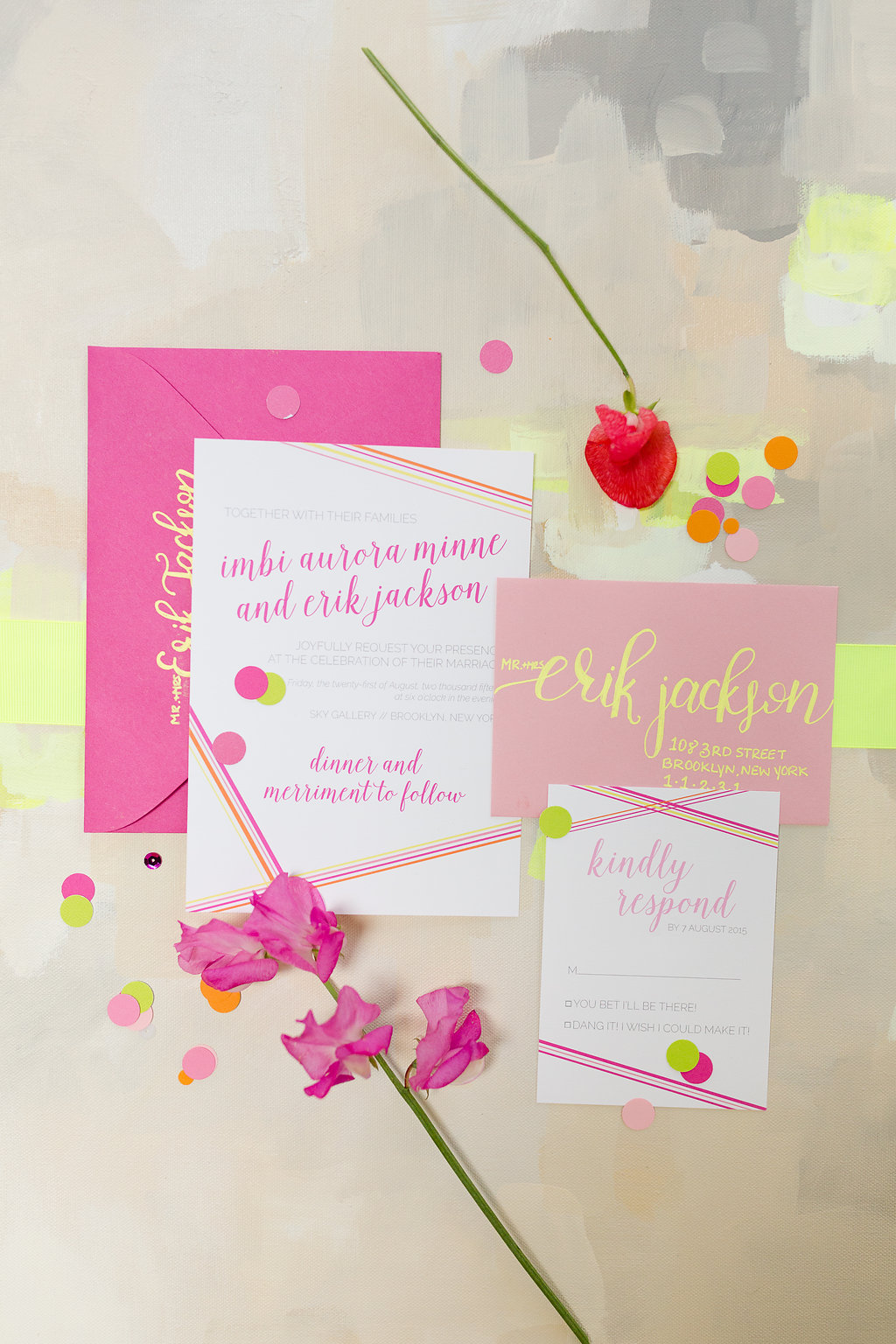 Neon Wedding Invitation Suite / festive-fetti™ confetti by The Marketplace on Brenda's Wedding Blog / stationery by Darling & Bliss / photo by Jessica Haley Photography