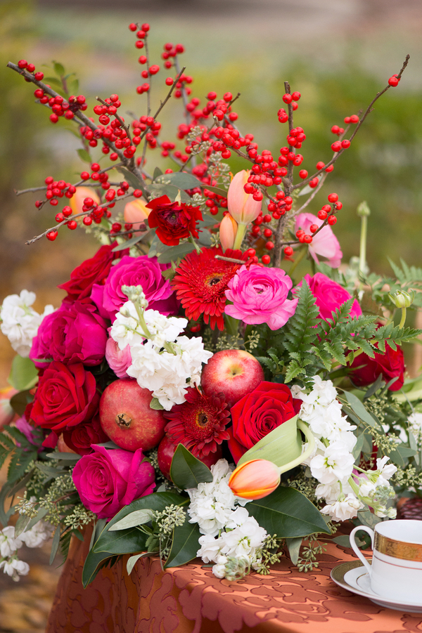 Rustic Wedding Styled Shoot with Pomegranates + Berries in Bright Bold Colors / Flowers by EightTreeStreet / photo by Evelyn Alas Photography