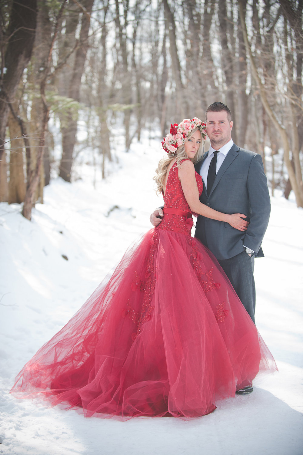  Pomegranate Red Winter Wedding Inspiration - photo by Jenni Grace Photography / floral crown by The Blue Daisy 