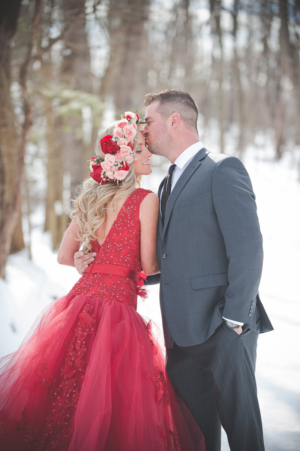  Pomegranate Red Winter Wedding Inspiration - photo by Jenni Grace Photography / floral crown by The Blue Daisy 