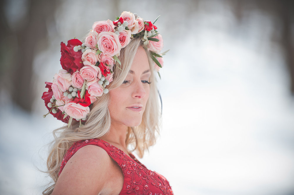  Pomegranate Red Winter Wedding Inspiration - photo by Jenni Grace Photography / floral crown by The Blue Daisy 