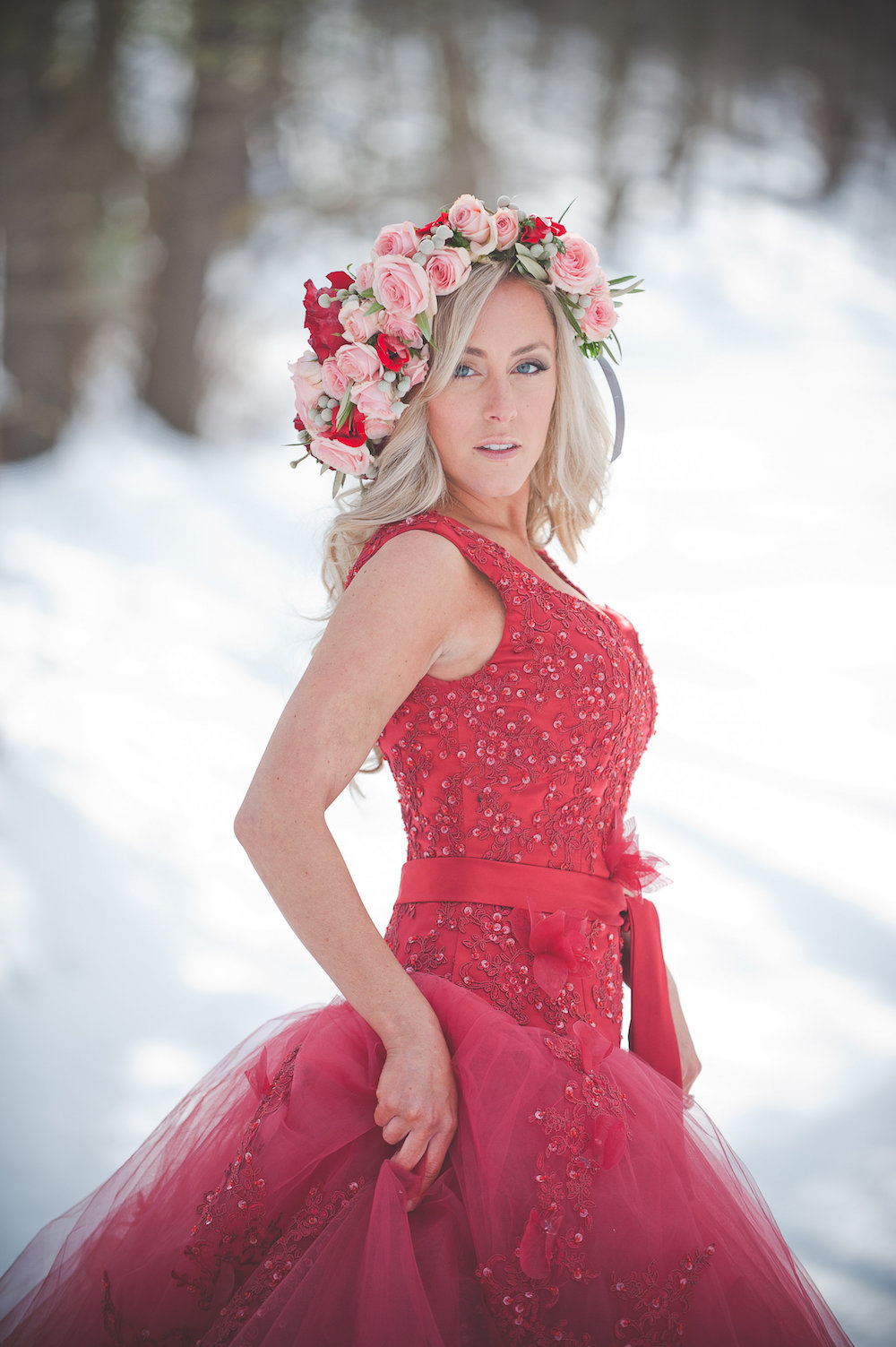  Pomegranate Red Winter Wedding Inspiration - photo by Jenni Grace Photography / floral crown by The Blue Daisy 