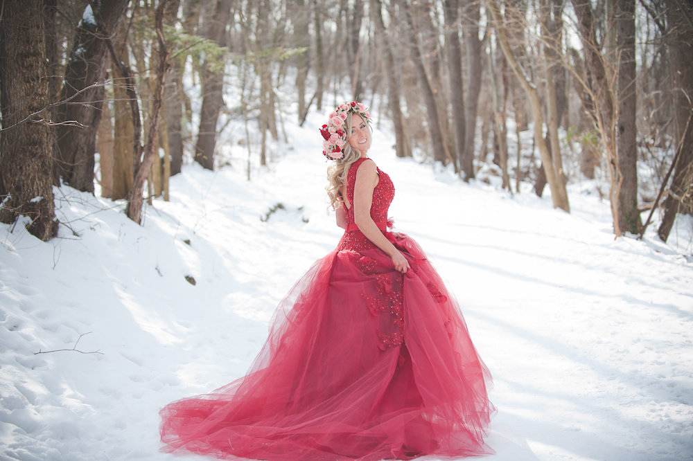  Pomegranate Red Winter Wedding Inspiration - photo by Jenni Grace Photography / floral crown by The Blue Daisy 