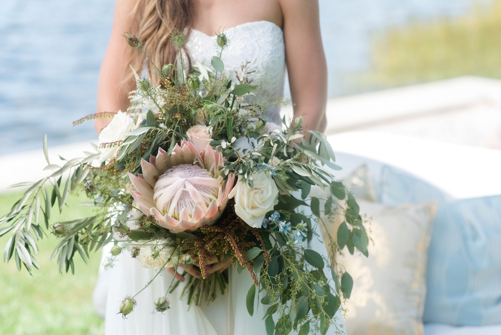  Coastal Chic Wedding Inspiration with a spectacular Protea Wedding Bouquet / dresses by Dessy / photo by Caroline &amp; Evan Photography / flowers by FH Weddings &amp; Events 