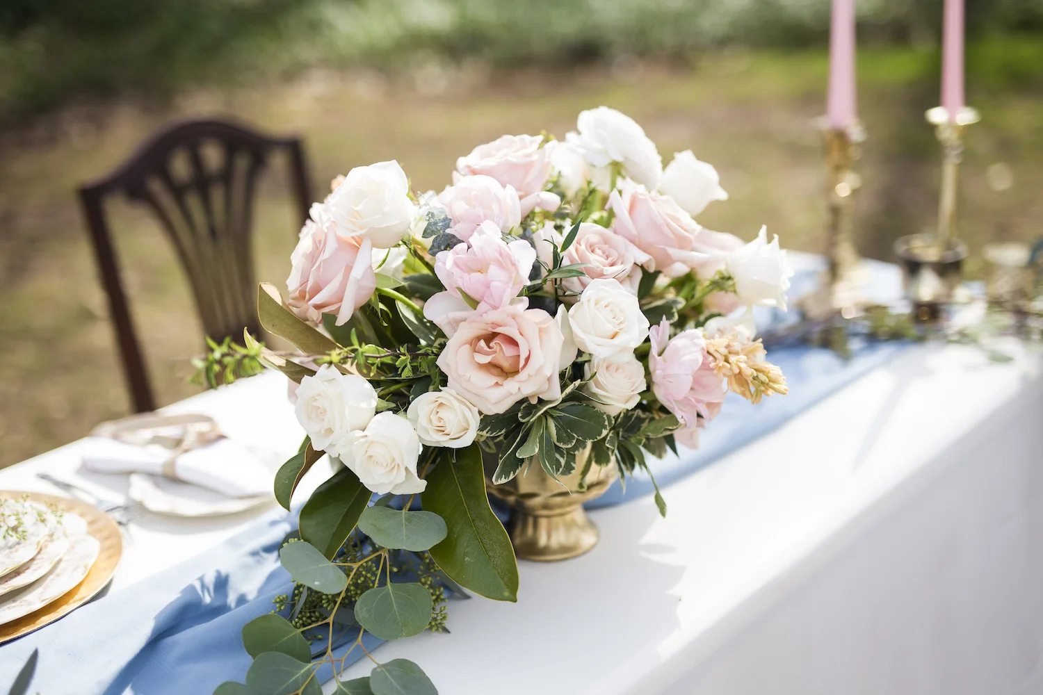 Pretty Pink and White Rose Wedding Centerpiece in a Gold Compote / photo by Kevyn Dixon Photo