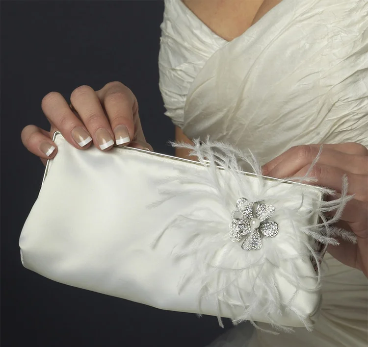 Crystal Brooch and Feather Accented Bridal Purse