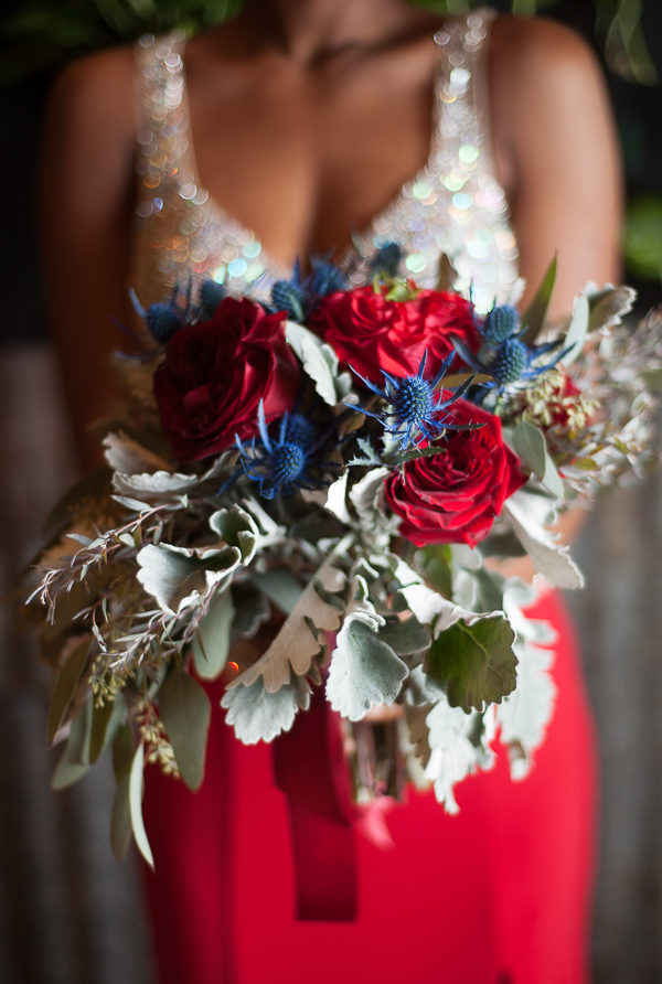  Stunning Red and Blue Urban Glam Wedding Bouquet with Dusty Miller / photo by Lavishly Lux Studio 