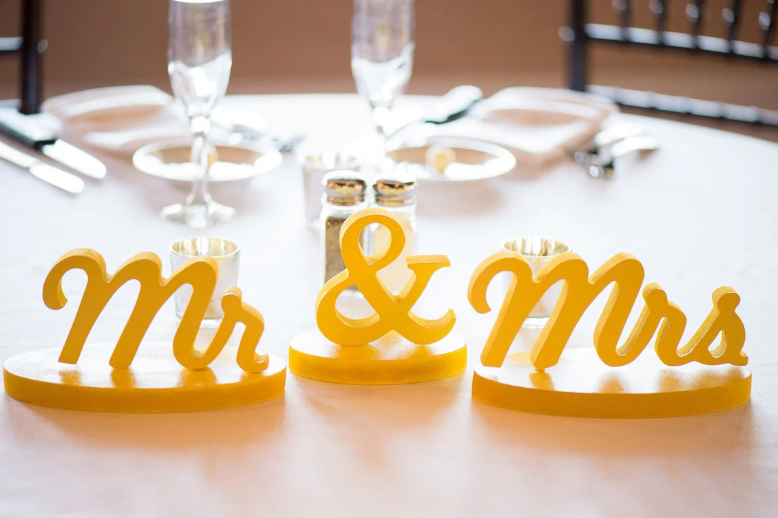 Bright Yellow Mr and Mrs Wedding Signs for Table Decor / Séverine Photography