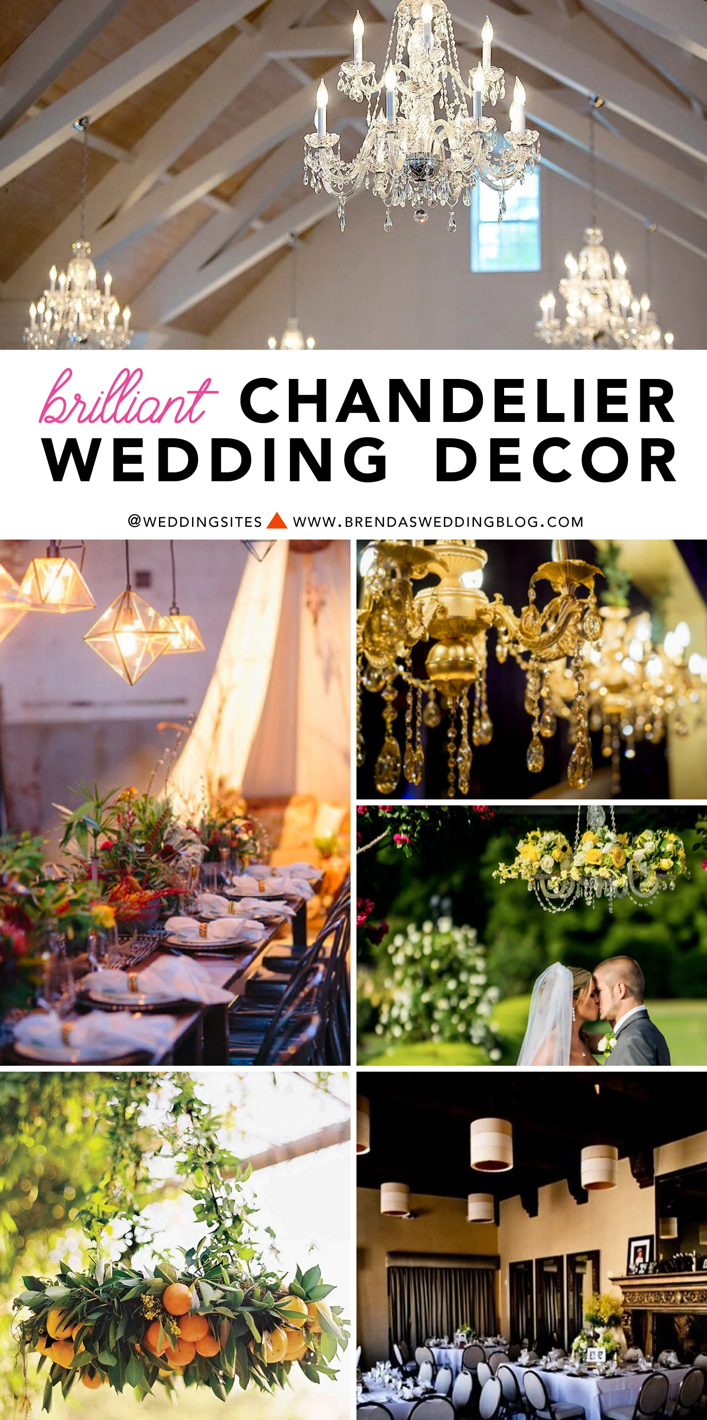 Brilliant Wedding Trend : Chandelier Wedding Decor Inspiration / as seen on www.BrendasWeddingBlog.com - click to see chandeliers for weddings from modern to geometric to classic with lots of bling