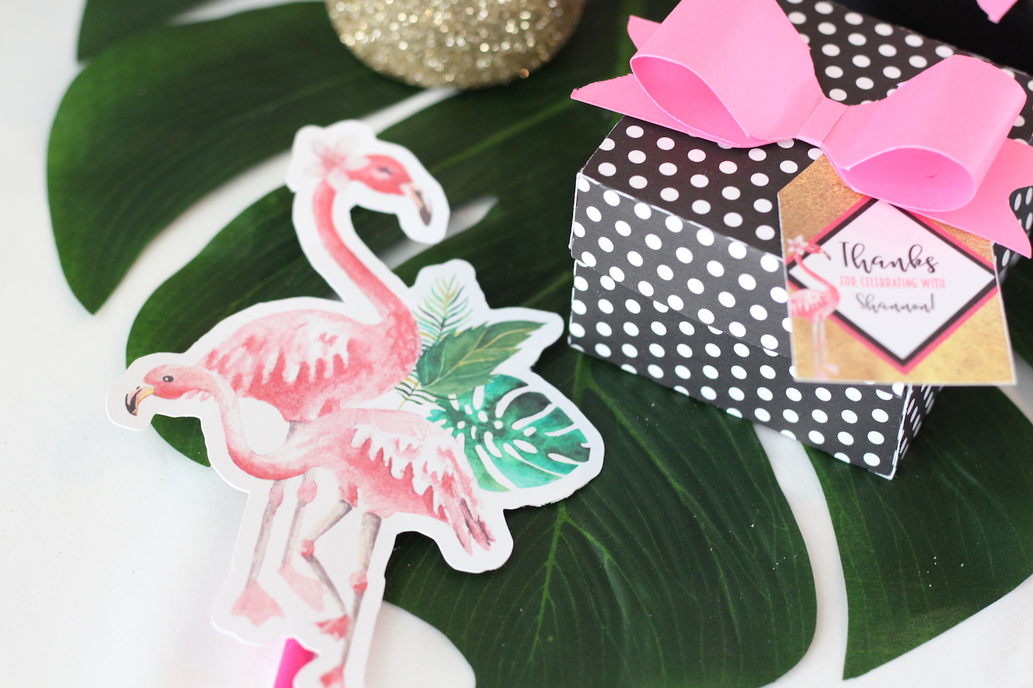 Let's Flamingo Bachelorette Party Printables - Flamingos for Straws and Favor Boxes with Pink Paper Bows {perfect for a bridal shower, even a bridal brunch as the theme is super versatile}. As seen on www.brendasweddingblog.com