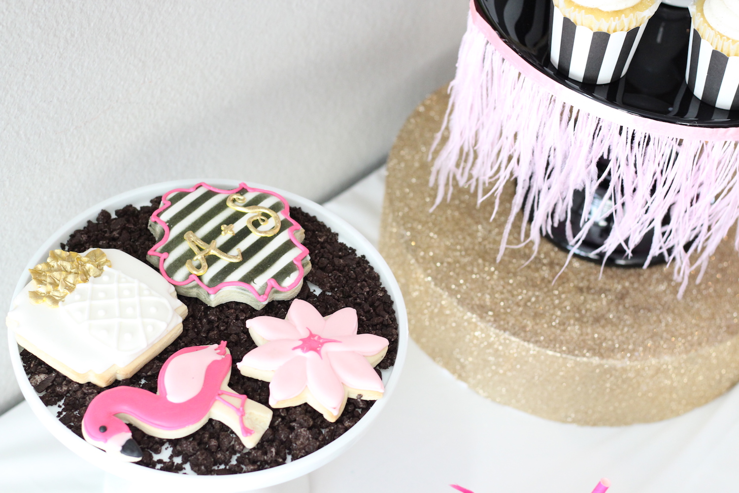 Cookie Presentation for a Let's Flamingo Bachelorette Party {or a bridal shower, even a bridal brunch as the theme is super versatile}. Kate Spade Inspired Bridal Shower Dessert Display. As seen on www.brendasweddingblog.com