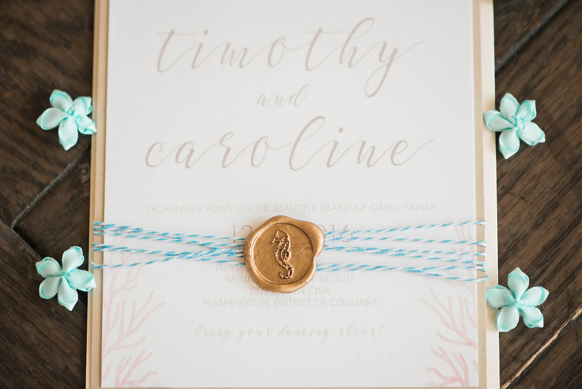 Gorgeous beach themed wedding invitation with a seahorse wax seal - from a Romantic Elopement in Hawaii on the island of Oahu - photo by Marianne Blackham Photography - see more on www.BrendasWeddingBlog.com