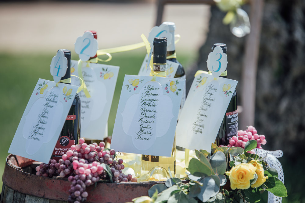  Wine station with drink menus from a Lemon Yellow Garden Wedding Styled Shoot in Rome Italy - by Jess Palatucci Photography - as seen on www.BrendasWeddingBlog.com 