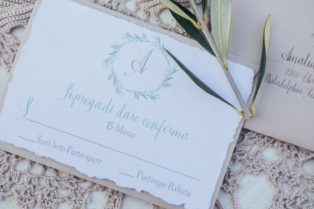  Handmade monogrammed response card from a Lemon Yellow Garden Wedding Styled Shoot in Rome Italy - by Jess Palatucci Photography - as seen on www.BrendasWeddingBlog.com 