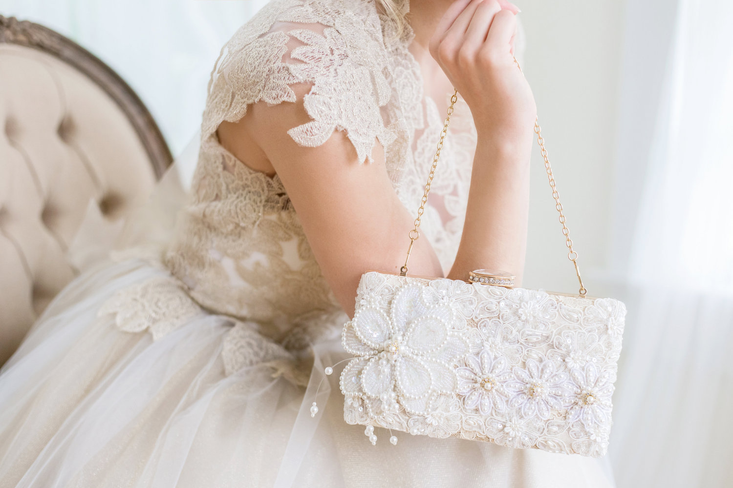 Fashionable Gown Beautiful Model Bride And Accessories Concept White  Wedding Dress With Embroidery Flowers Embellished With Rhinestones And  Pearls Hand Of Slender Woman On The Waist Stock Photo  Download Image Now 