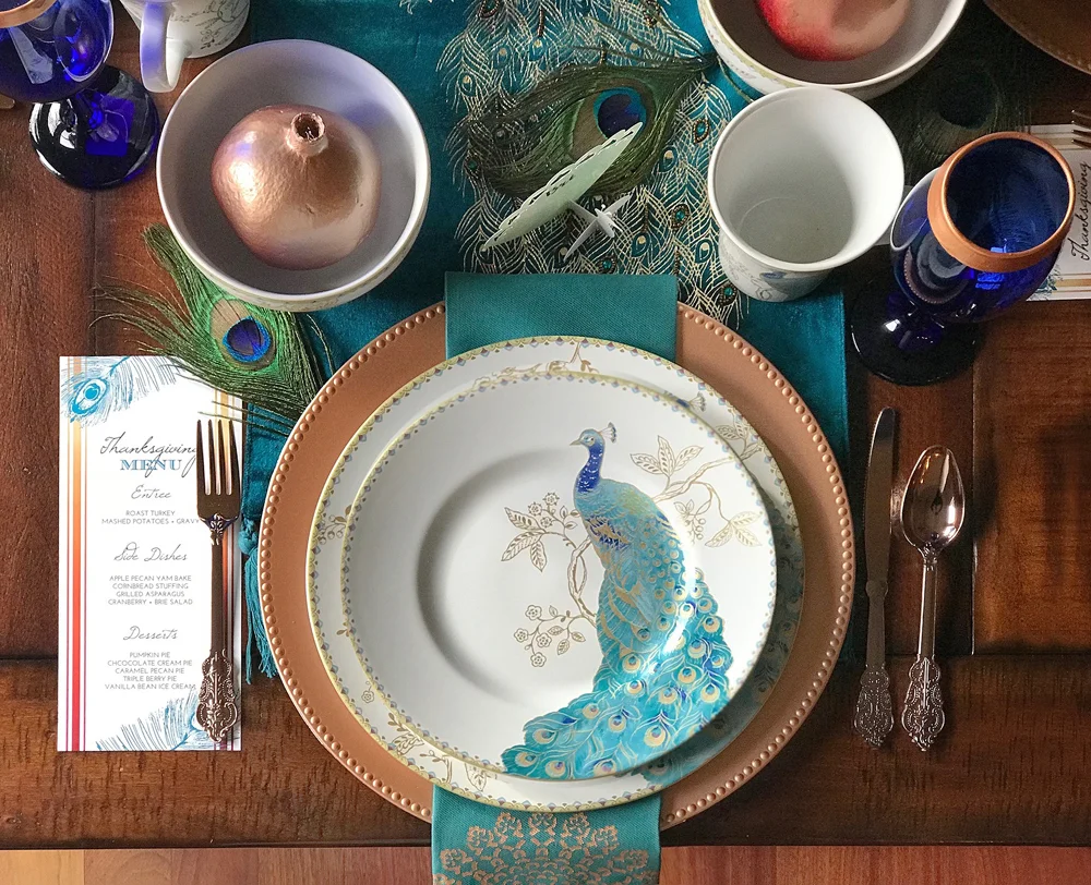 Peacock Wedding Table Setting Ideas with Copper, Teal and Cobalt Blue