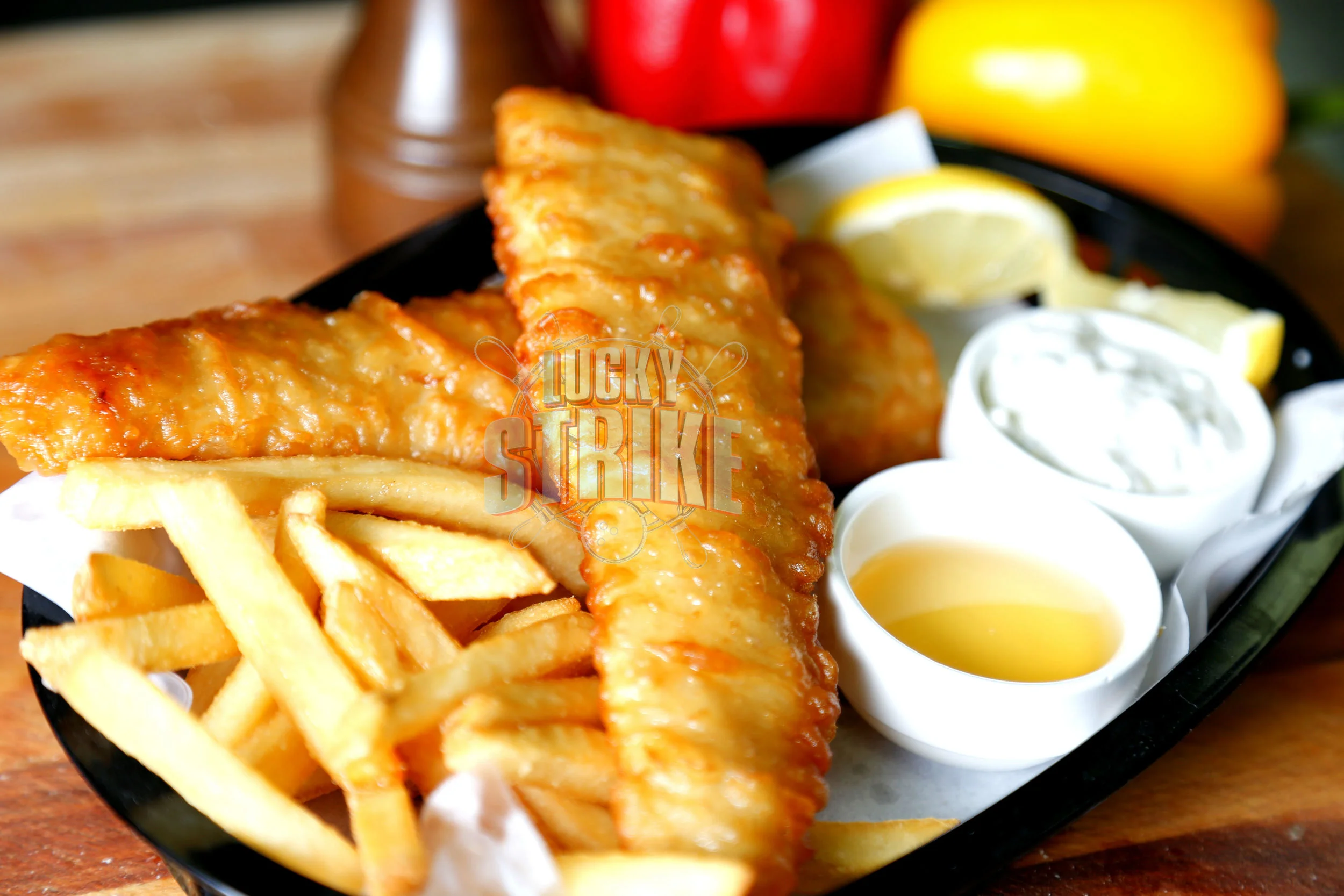 WASHOUT FISH & CHIPS 35 Lightly battered fish, served with chips, malt vinegar & tartar sauce