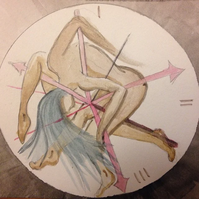Chronotropy juxtaposes the organic nature of biological time with the rigid nature of mechanical time. For further reading about the nature of time, see our post on Books on Time and Timing Watercolor on paper 12"x12"