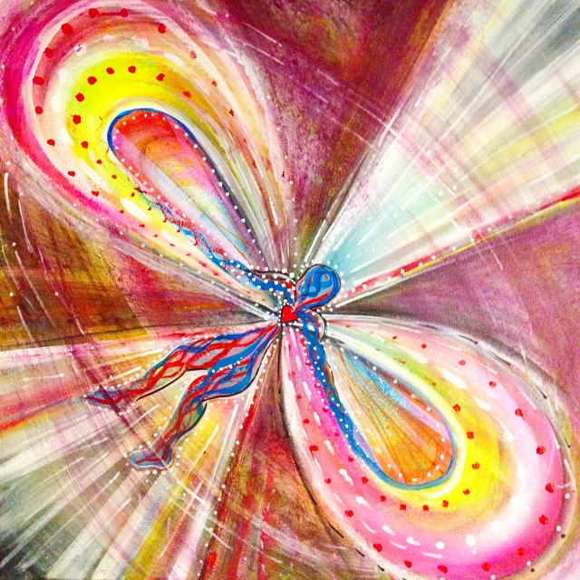 Cardiac EMP shows what it might look like to love the world so much that your heart overcharges and bursts into a pulse of electromagnetic love that destroys all evil. Acrylic on canvas, 24" x 24"